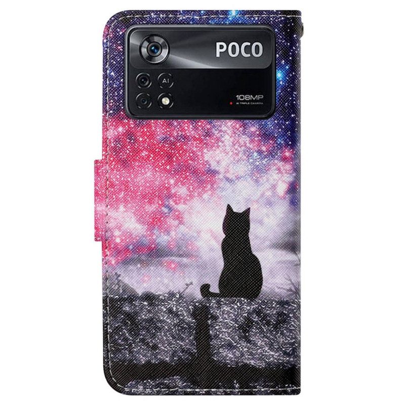 Leren Hoesje voor Poco X4 Pro 5G Met Ketting Kat In De Nacht Met Riem