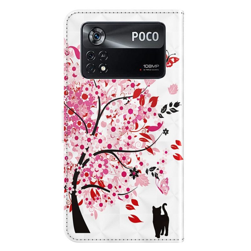 Leren Hoesje voor Poco X4 Pro 5G Met Ketting Kat Onder De Stringboom