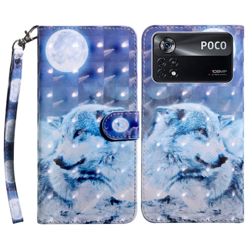 Leren Hoesje voor Poco X4 Pro 5G Met Ketting Strappy Wolf Gaze