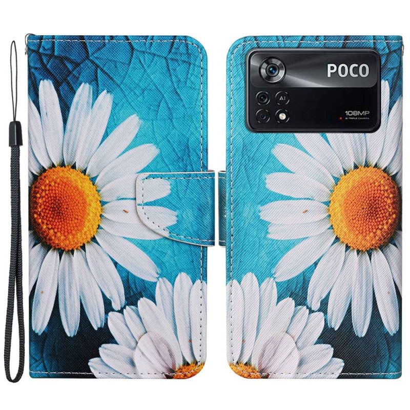 Leren Hoesje voor Poco X4 Pro 5G Met Ketting String Madeliefjes