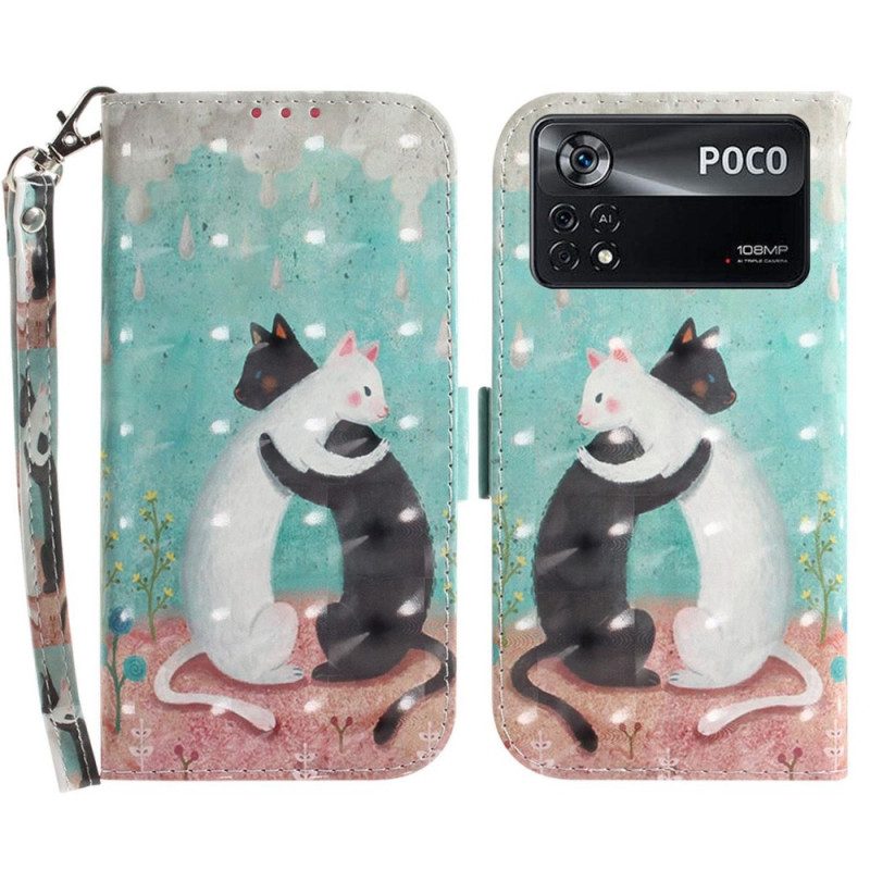 Leren Hoesje voor Poco X4 Pro 5G Met Ketting Zwarte Kat Witte Kat Met Riem