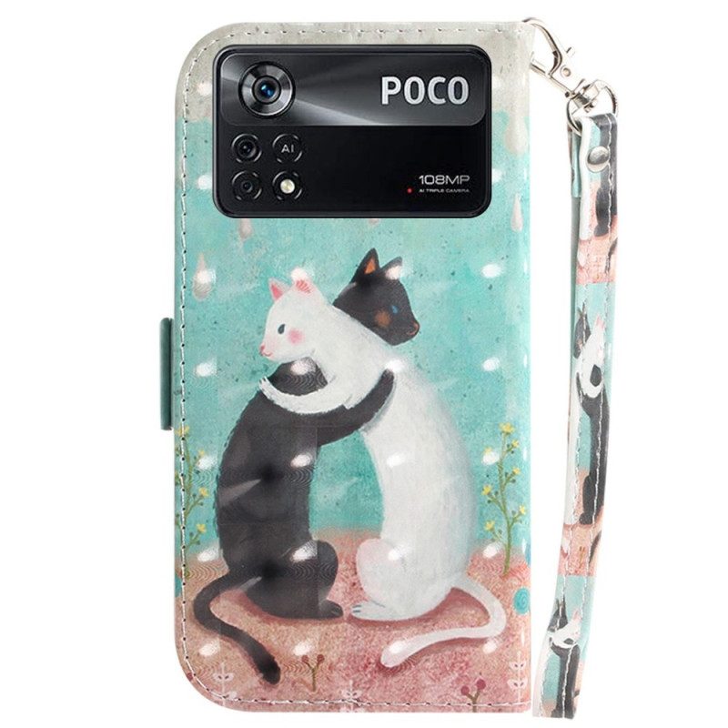 Leren Hoesje voor Poco X4 Pro 5G Met Ketting Zwarte Kat Witte Kat Met Riem