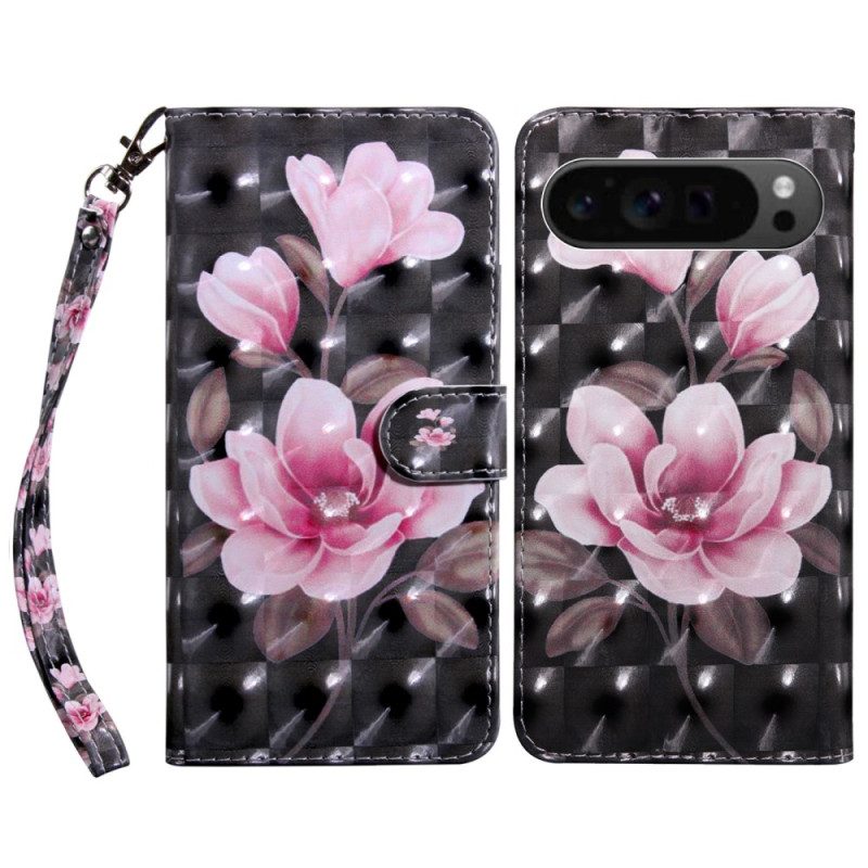 Bescherming Hoesje Google Pixel 9 Roze Bloemen Met Riem