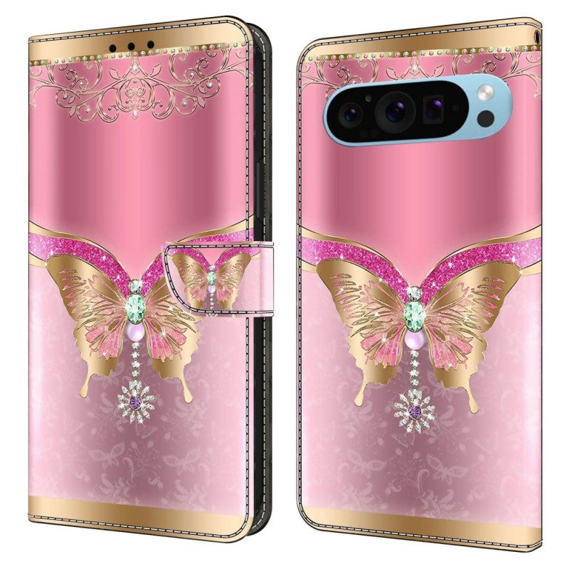 Bescherming Hoesje Google Pixel 9 Roze En Gouden Vlinder