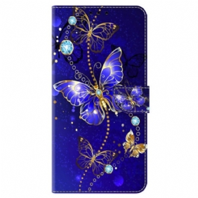 Flip Case Leren Google Pixel 9 Diamanten Vlinder Op Blauwe Achtergrond