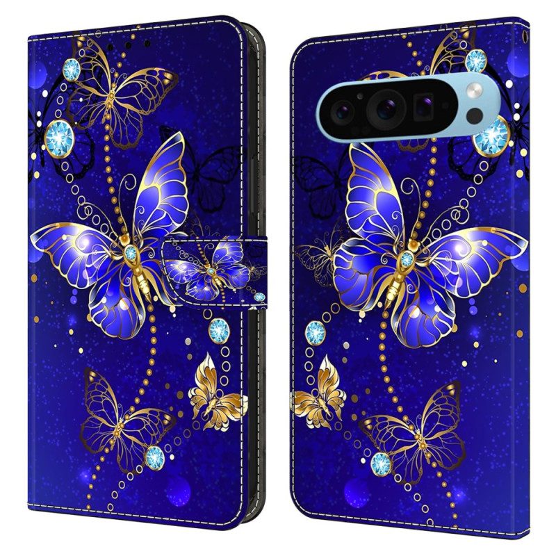 Flip Case Leren Google Pixel 9 Diamanten Vlinder Op Blauwe Achtergrond