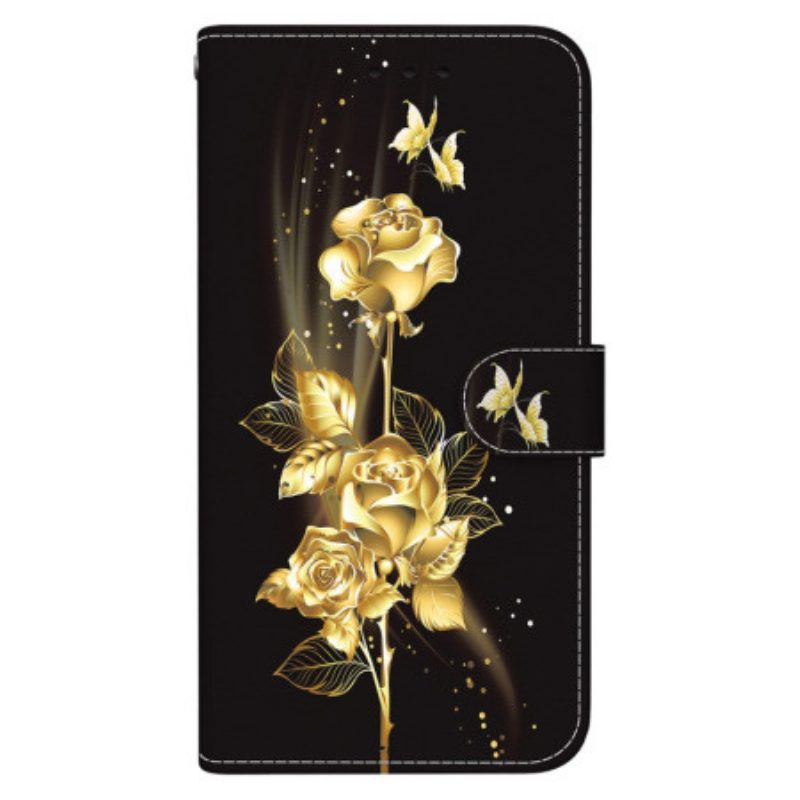 Flip Case Leren Google Pixel 9 Gouden En Roze Vlinders