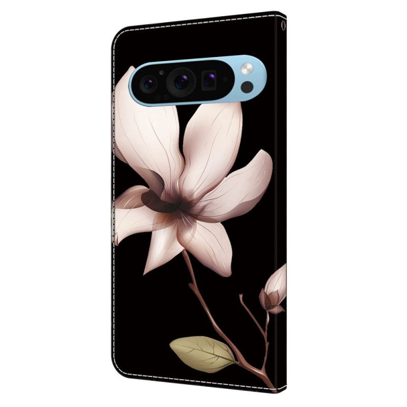 Flip Case Leren Google Pixel 9 Roze Bloem Op Zwarte Achtergrond