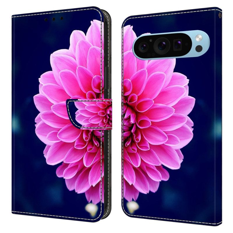 Folio-hoesje Google Pixel 9 Telefoonhoesje Roze Bloem Op Blauwe Achtergrond