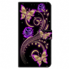 Leren Hoesje Google Pixel 9 Violette Bloemen En Vlinders Bescherming Hoesje