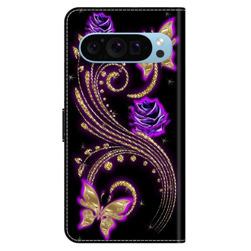 Leren Hoesje Google Pixel 9 Violette Bloemen En Vlinders Bescherming Hoesje