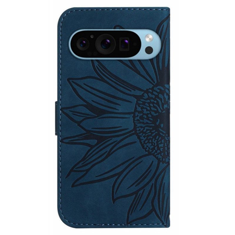 Leren Hoesje Google Pixel 9 Zonnebloem Met Riempje Bescherming Hoesje