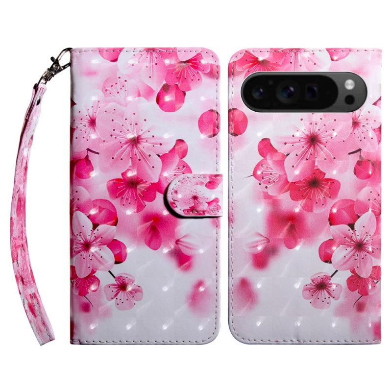 Leren Hoesje Voor Google Pixel 9 Rode Bloemen Met Riem