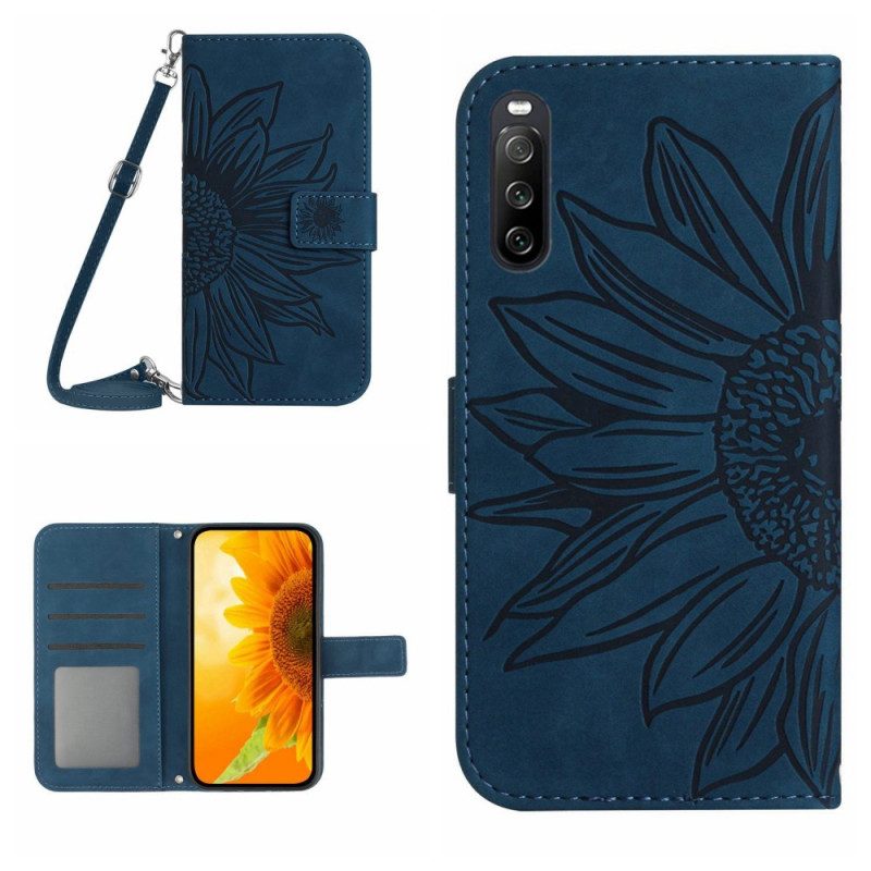 Flip Case Leren Sony Xperia 10 Vi Zonnebloem Schouderband