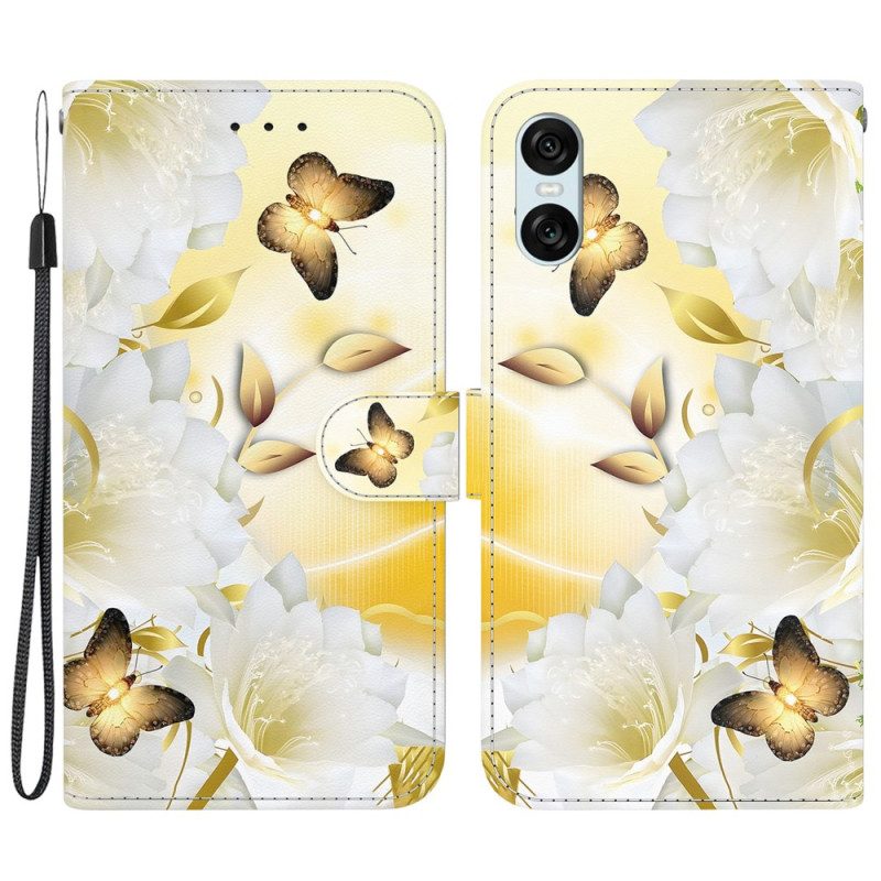 Folio-hoesje Sony Xperia 10 Vi Telefoonhoesje Gouden Vlinders En Witte Bloemen Met Riem