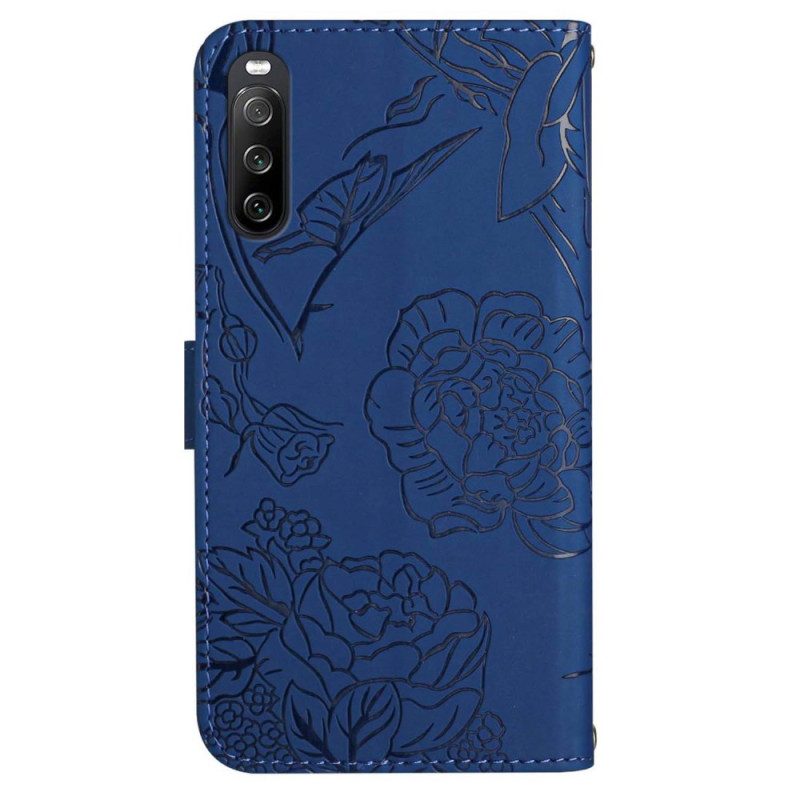 Leren Hoesje Sony Xperia 10 Vi Vlinderprint Met Schouderband Bescherming Hoesje