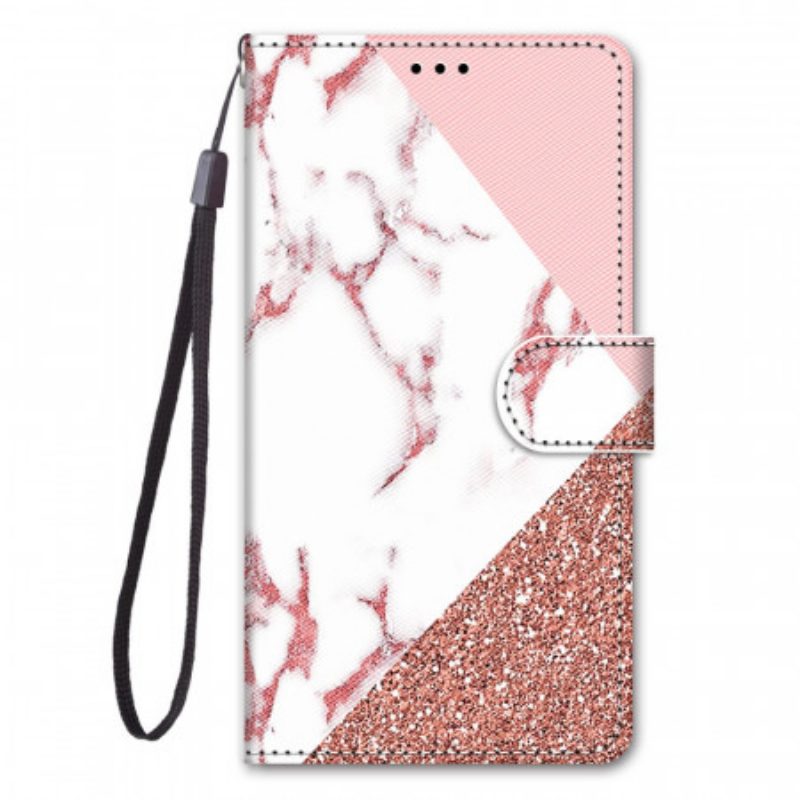 Leren Hoesje voor Samsung Galaxy M23 5G Marmer En Glitterdriehoek