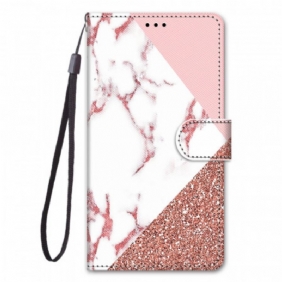 Leren Hoesje voor Samsung Galaxy M23 5G Marmer En Glitterdriehoek