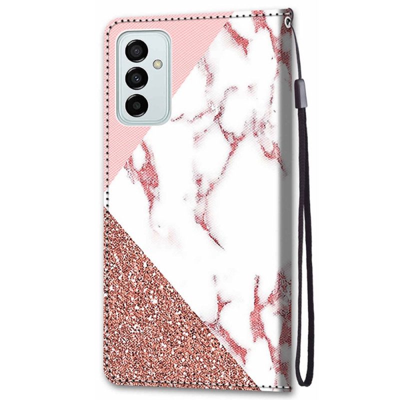 Leren Hoesje voor Samsung Galaxy M23 5G Marmer En Glitterdriehoek