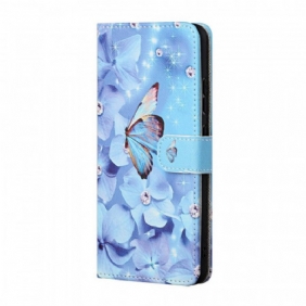 Leren Hoesje voor Samsung Galaxy M23 5G Met Ketting Strappy Diamanten Vlinders