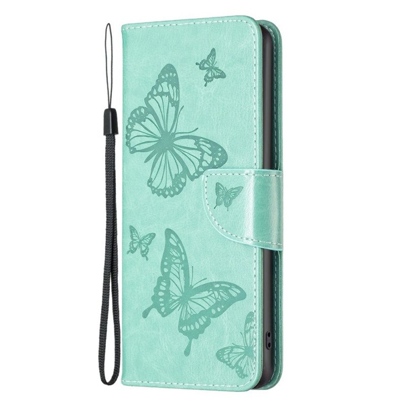 Leren Hoesje voor Samsung Galaxy M23 5G Met Ketting Vlinders Bedrukte Strappy