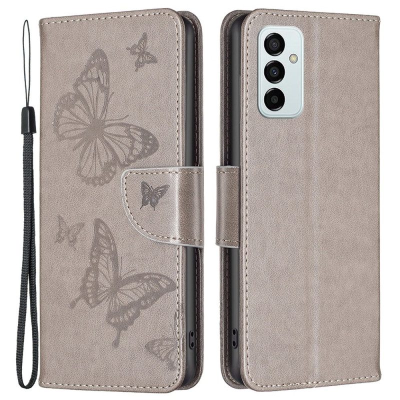 Leren Hoesje voor Samsung Galaxy M23 5G Met Ketting Vlinders Bedrukte Strappy