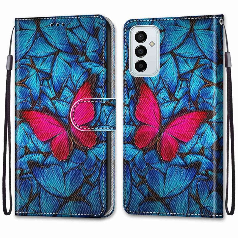 Leren Hoesje voor Samsung Galaxy M23 5G Rode Vlinder Blauwe Achtergrond