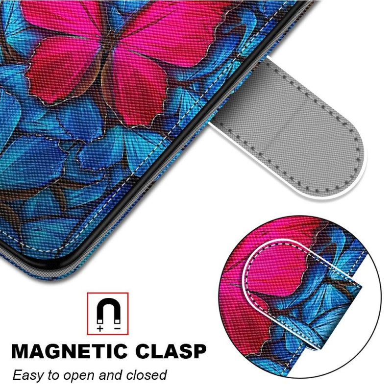 Leren Hoesje voor Samsung Galaxy M23 5G Rode Vlinder Blauwe Achtergrond