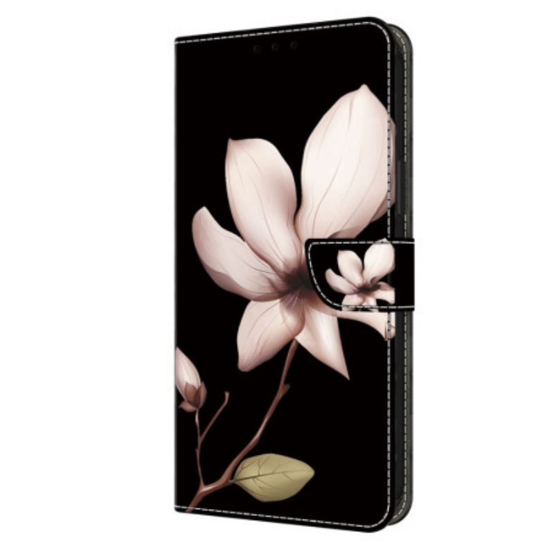 Flip Case Leren Samsung Galaxy A15 Roze Bloemen Op Zwarte Achtergrond