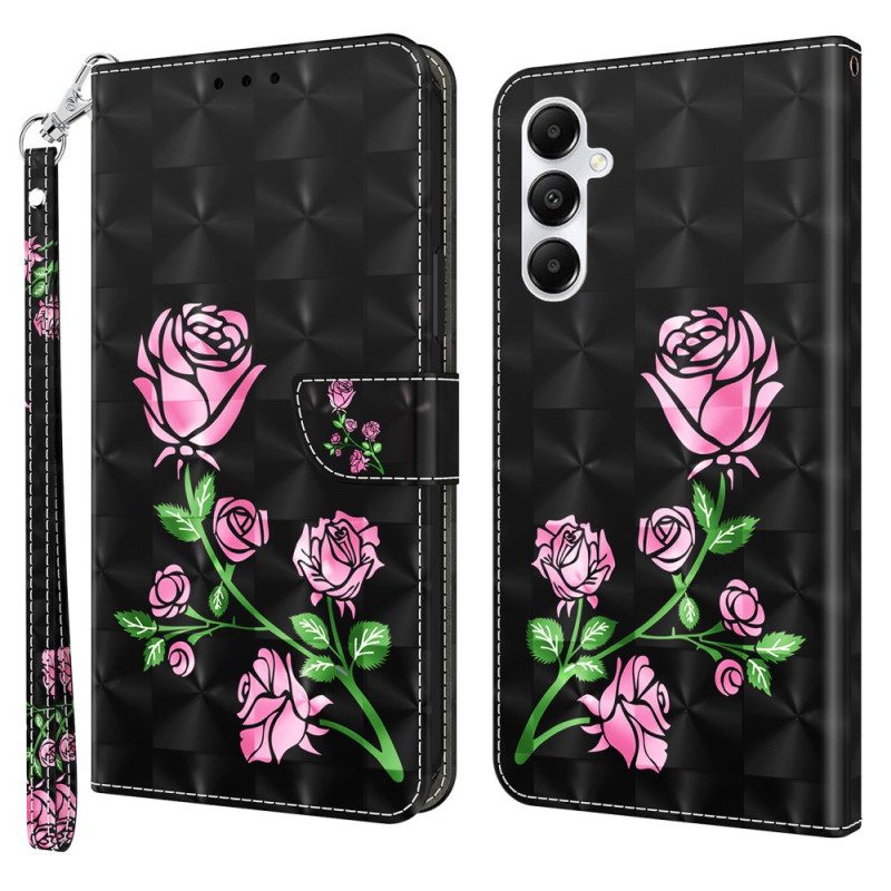 Flip Case Leren Samsung Galaxy A15 Rozenbloemen Met Riempje