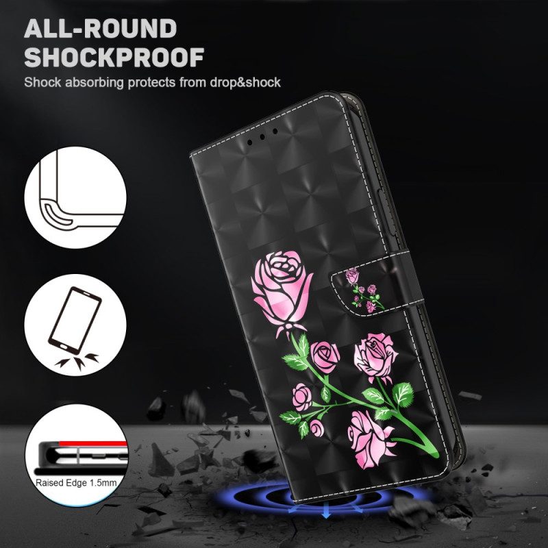 Flip Case Leren Samsung Galaxy A15 Rozenbloemen Met Riempje