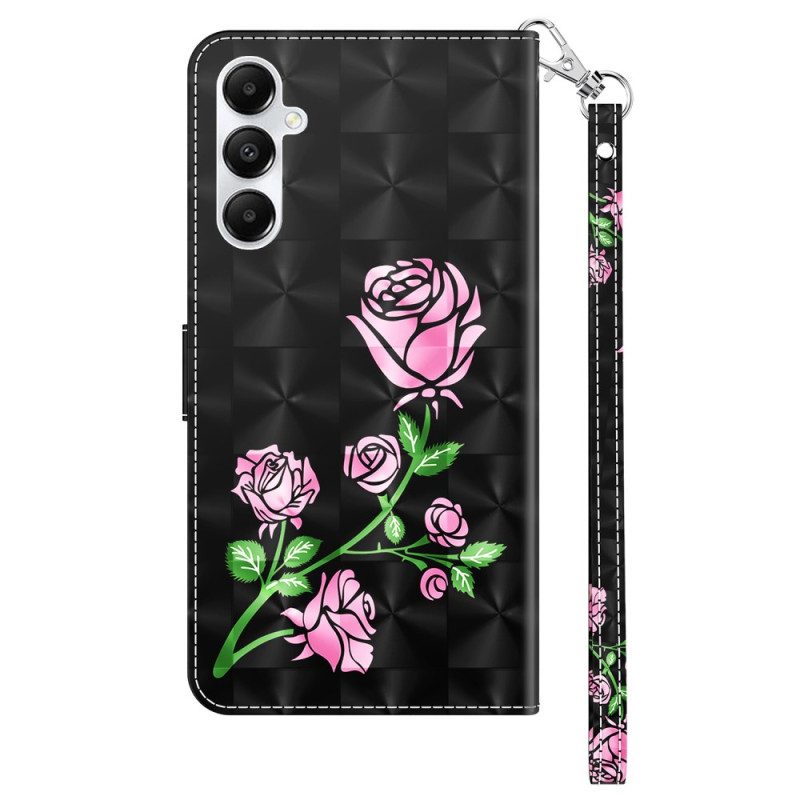 Flip Case Leren Samsung Galaxy A15 Rozenbloemen Met Riempje