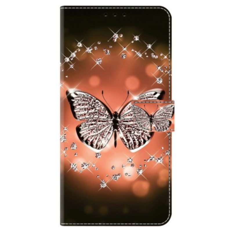 Leren Hoesje Samsung Galaxy A15 Kristallen Vlinder Bescherming Hoesje