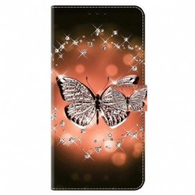 Leren Hoesje Samsung Galaxy A15 Kristallen Vlinder Bescherming Hoesje