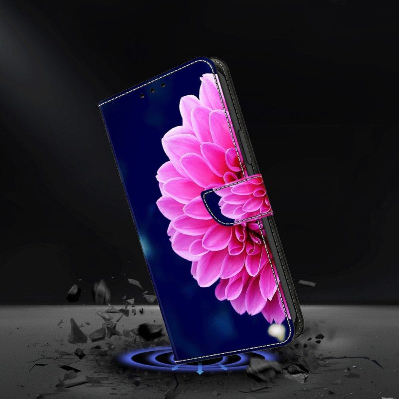 Leren Hoesje Samsung Galaxy A15 Roze Bloemen Op Blauwe Achtergrond Bescherming Hoesje