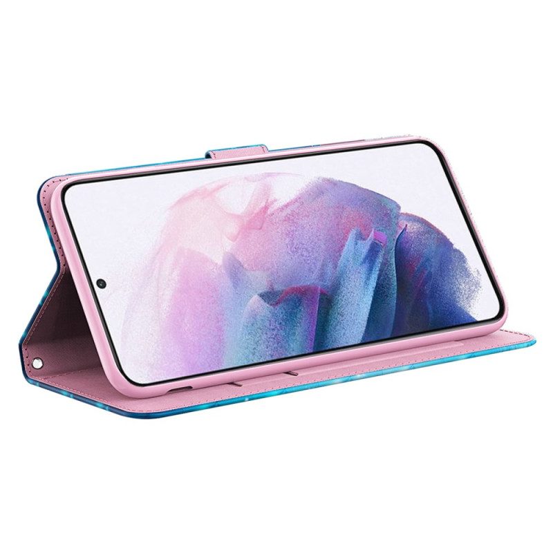 Leren Hoesje Voor Samsung Galaxy A15 Blauwe Vlinders Tijdens De Vlucht Met Riem