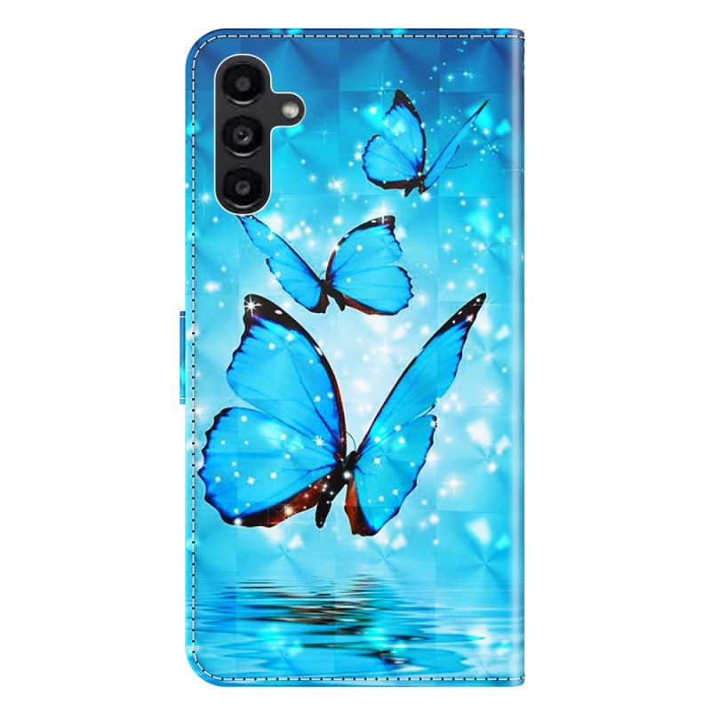 Leren Hoesje Voor Samsung Galaxy A15 Blauwe Vlinders Tijdens De Vlucht Met Riem