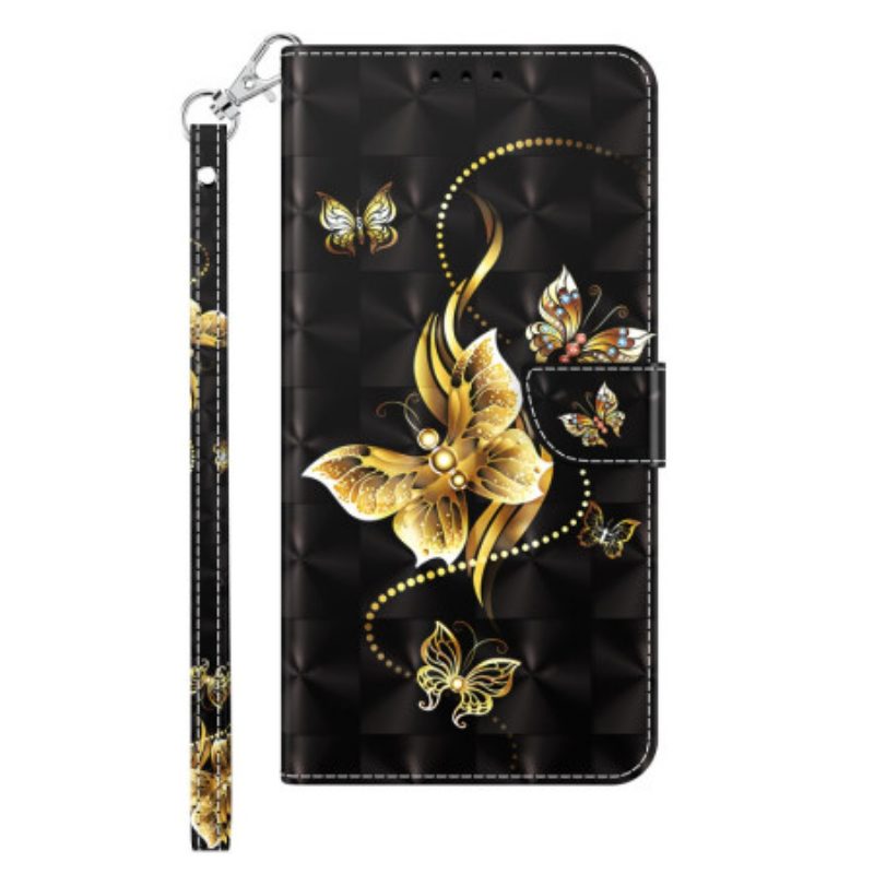 Leren Hoesje Voor Samsung Galaxy A15 Gouden Vlinders Met Riem