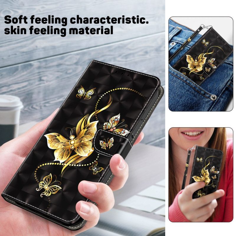 Leren Hoesje Voor Samsung Galaxy A15 Gouden Vlinders Met Riem