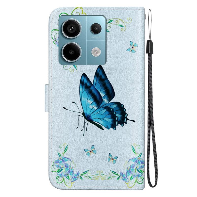 Bescherming Hoesje Poco X6 5g Blauwe Vlinders En Bloemen Met Riem