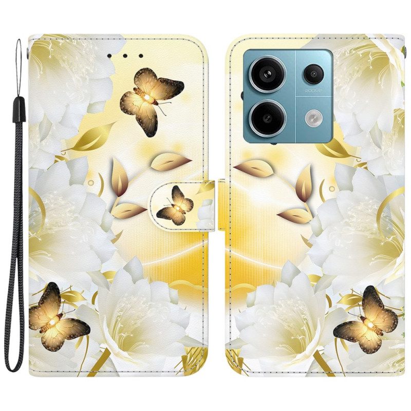 Flip Case Leren Poco X6 5g Gouden Vlinders En Witte Bloemen Met Riempje