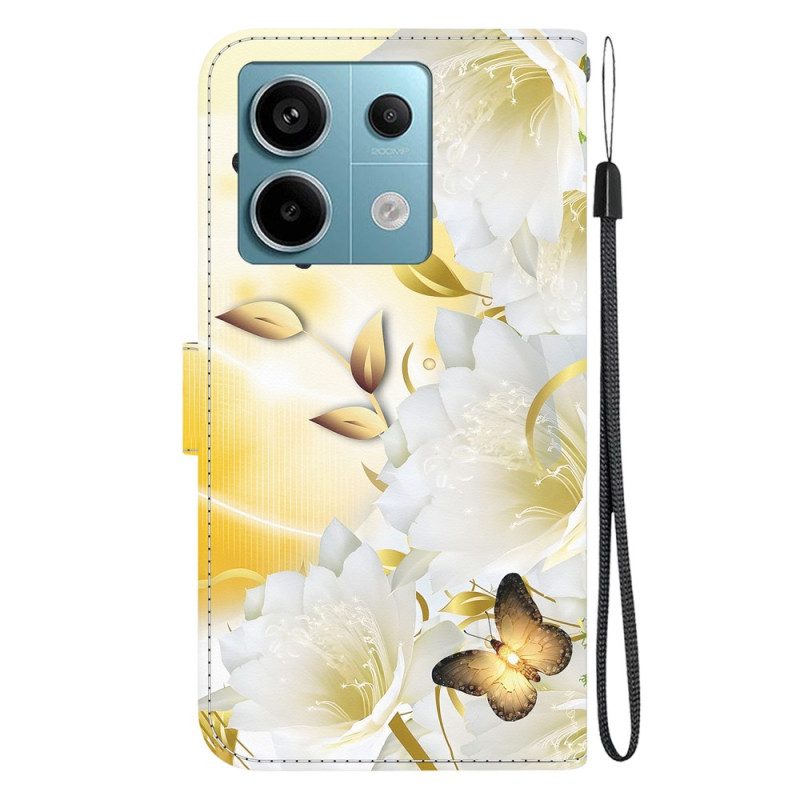 Flip Case Leren Poco X6 5g Gouden Vlinders En Witte Bloemen Met Riempje