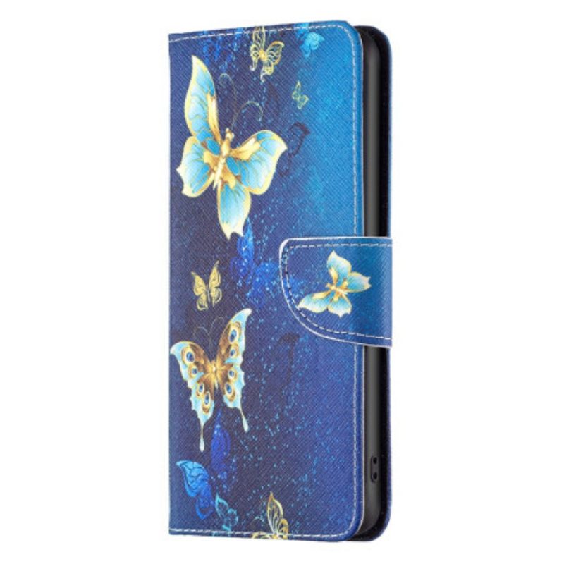 Folio-hoesje Poco X6 5g Gouden Vlinders Op Blauwe Achtergrond