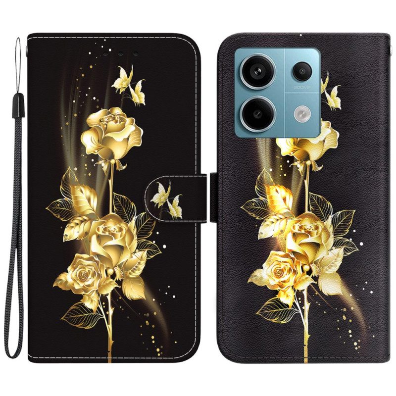 Leren Hoesje Poco X6 5g Gouden En Roze Vlinders Bescherming Hoesje