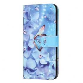 Leren Hoesje Voor Poco X6 5g Blauwe Bloemen En Vlinder Met Riempje