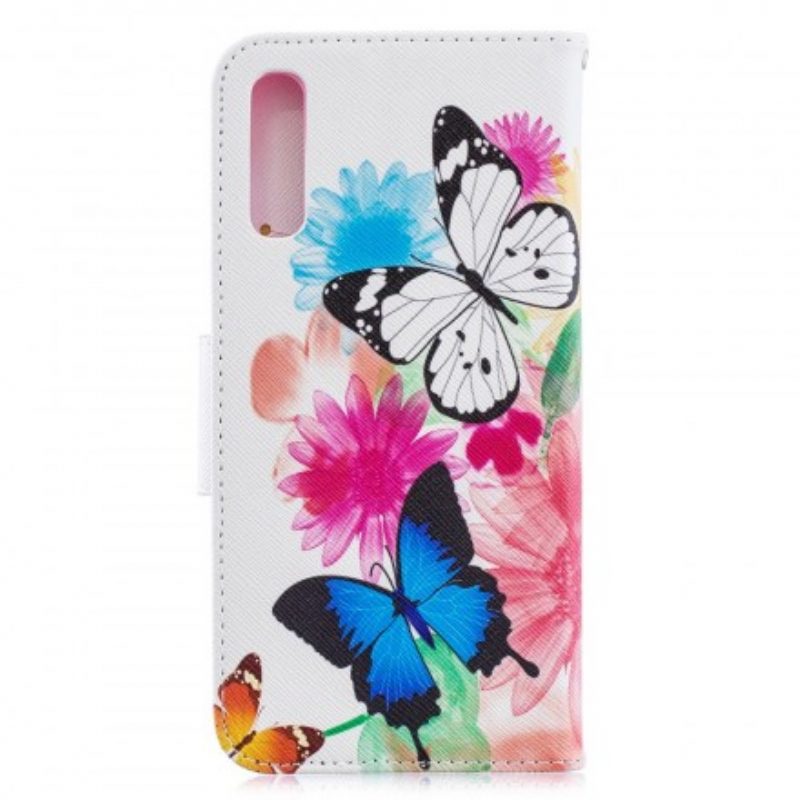 Flip Case voor Samsung Galaxy A70 Geschilderde Vlinders En Bloemen