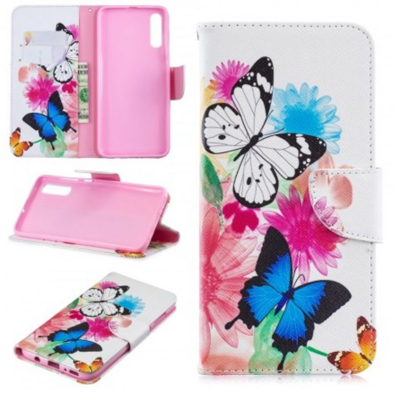 Flip Case voor Samsung Galaxy A70 Geschilderde Vlinders En Bloemen