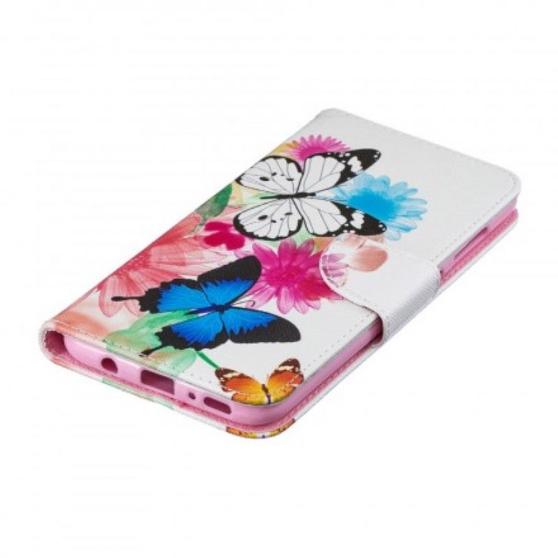 Flip Case voor Samsung Galaxy A70 Geschilderde Vlinders En Bloemen