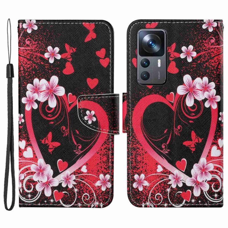 Flip Case voor Xiaomi 12T / 12T Pro Bloemen En Harten Met Sleutelkoord