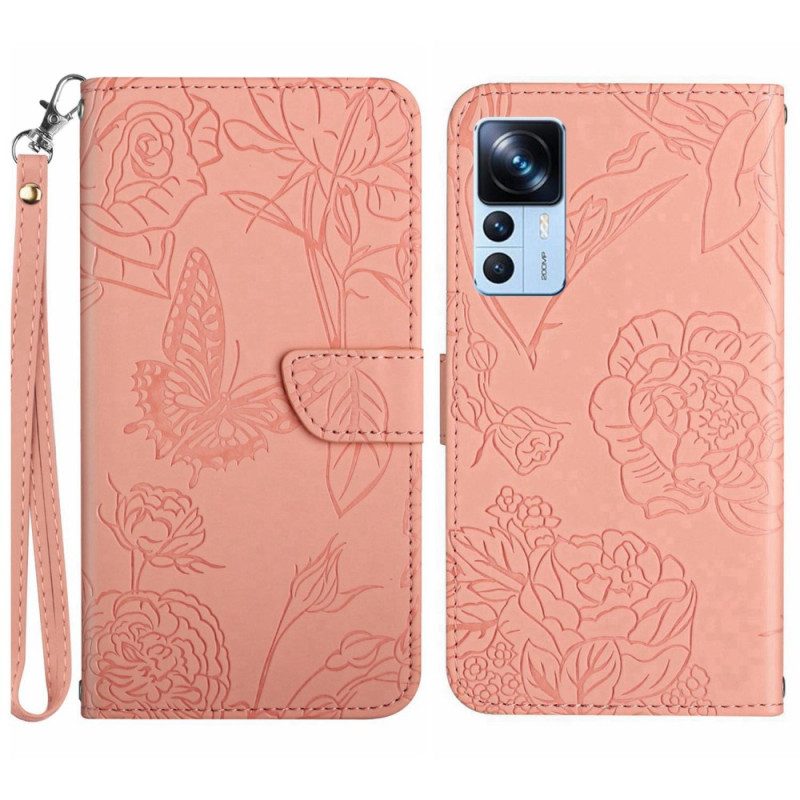 Flip Case voor Xiaomi 12T / 12T Pro Vlinders Met Lanyard